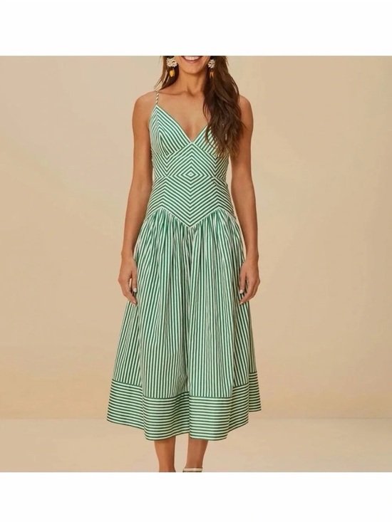 FARM Rio Dresses & Skirts - NWT Farm Rio Green Striped V-Neck Midi Dress